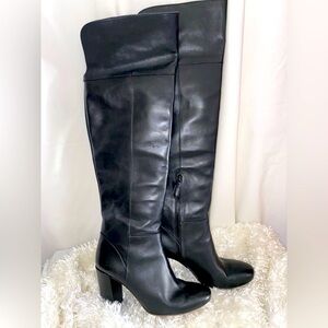 Tory Burch Bowie Black Over the Knee Lower Inside Zip Leather Heeled Boots Sz 8M